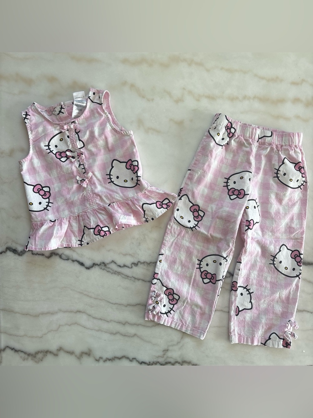 Hello Kitty Pink & White Girls Pajama Set with Ruffle Top and Elastic Pants